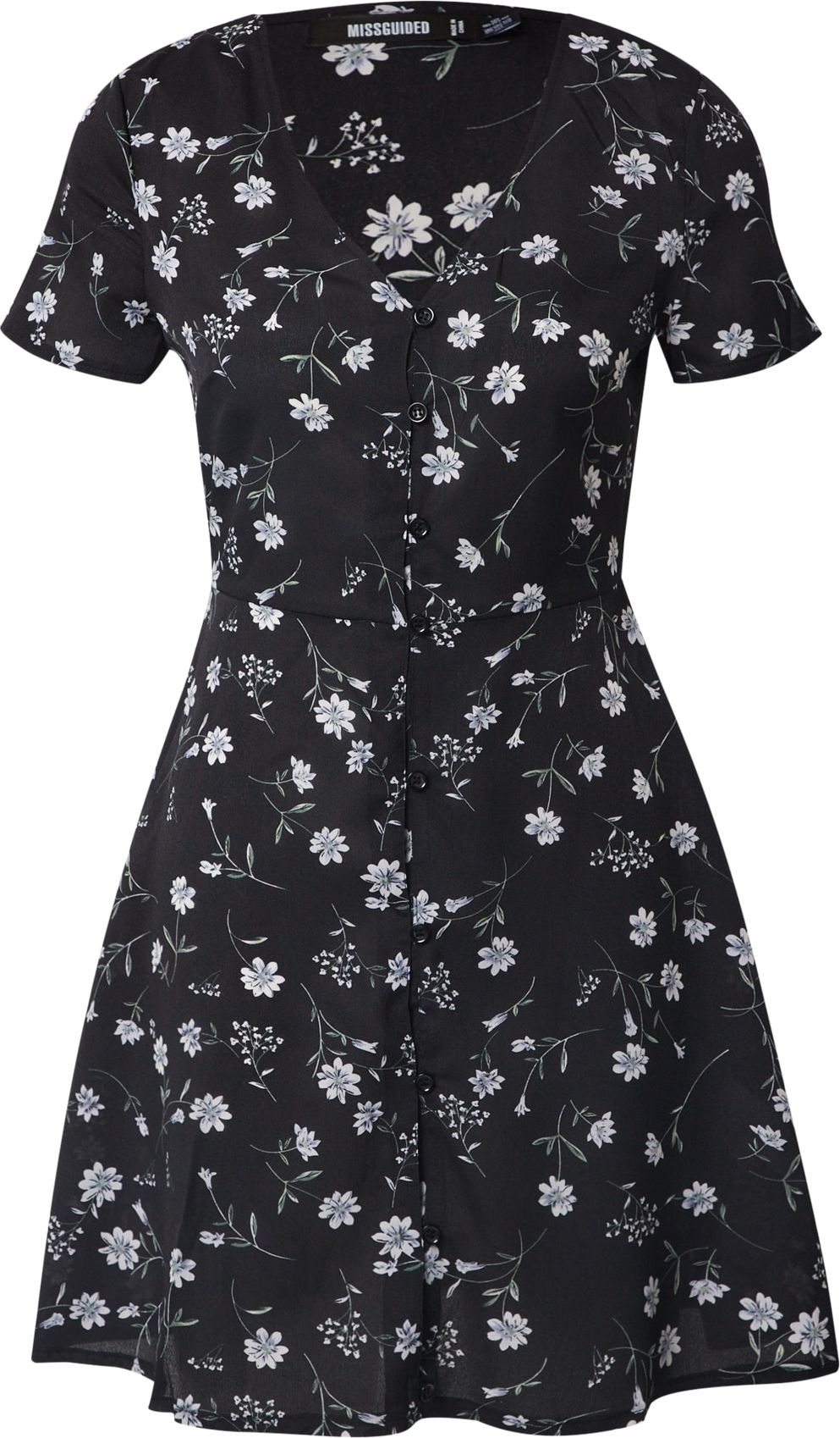 Missguided Letní šaty 'BUTTON THROUGH TEA DRESS SS FLORAL' černá